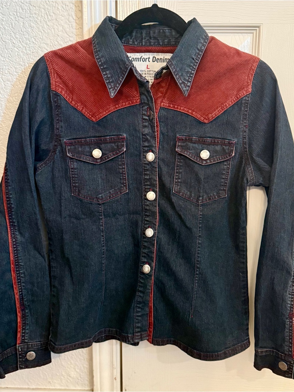 Comfort Denim Women's Dark Blue Denim Jacket with Rust Corduroy Yoke